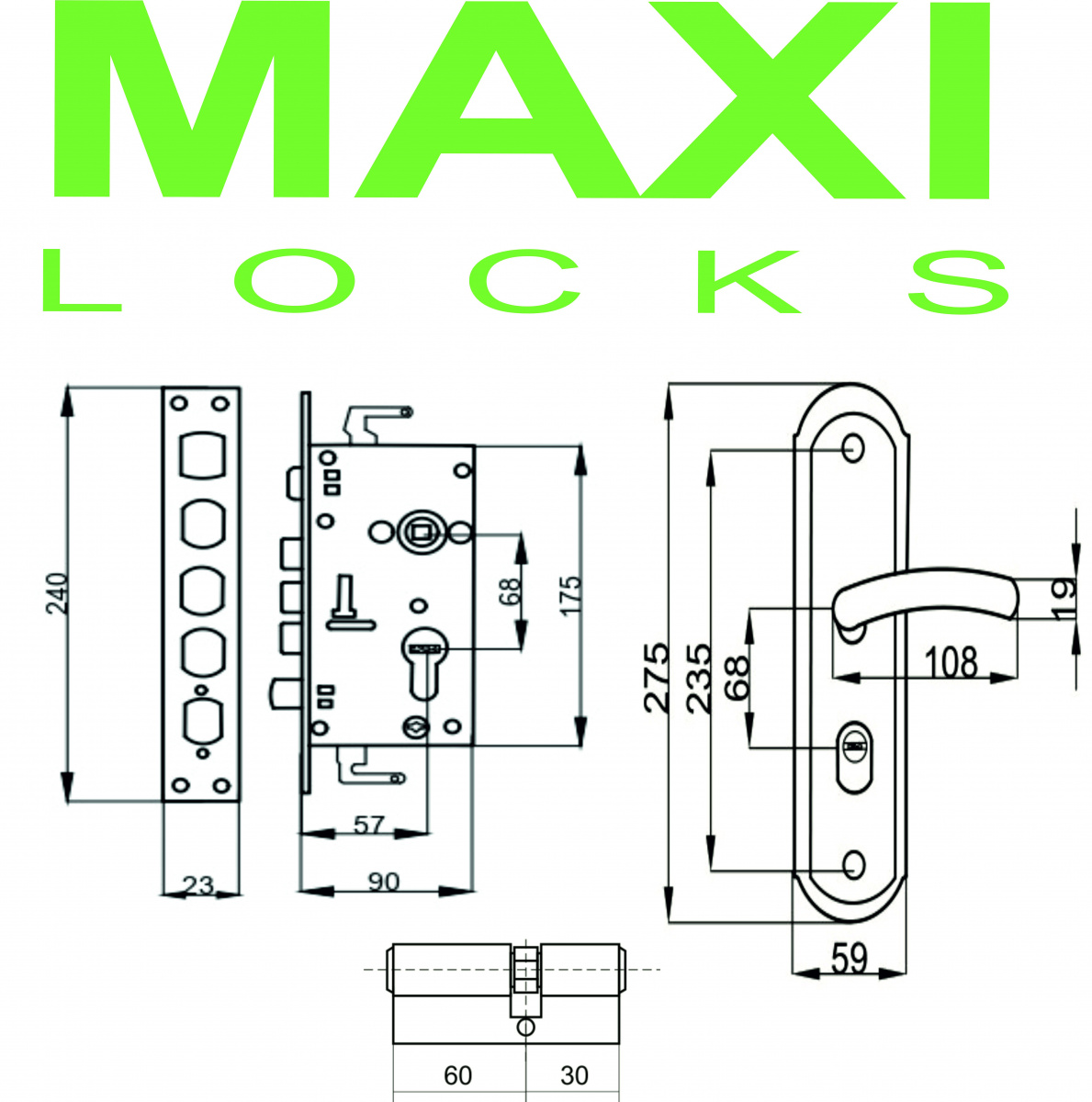 Замок врезной для китайских дверей MAXI Locks MLC68-51-U-SN комплект с ручками и ц.м. Матовый никель